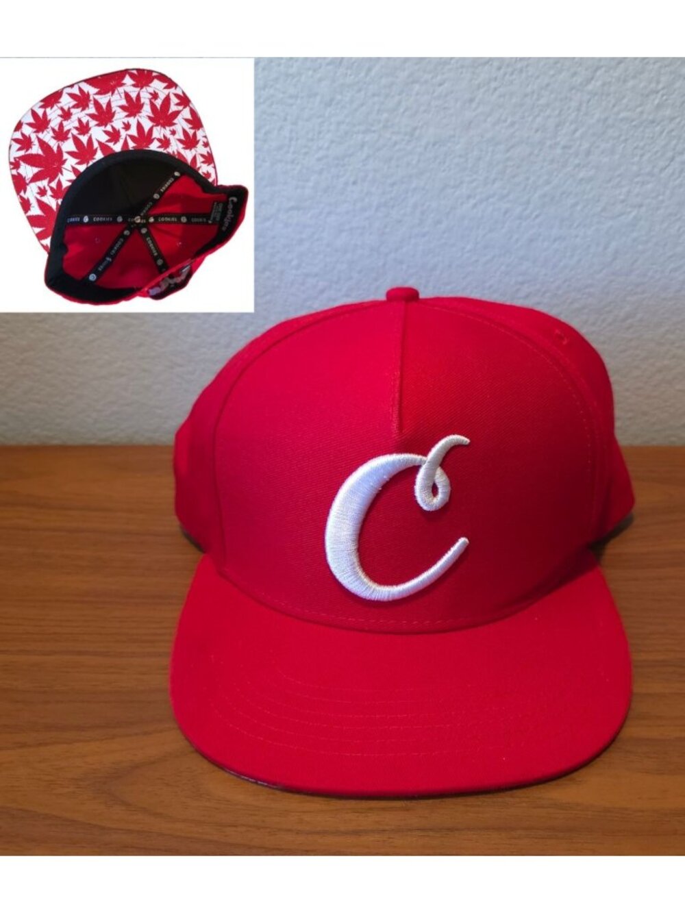 NWOT Cookies Red Snapback Hat w/ White Logo & Leaf Print Brim Design OSFM